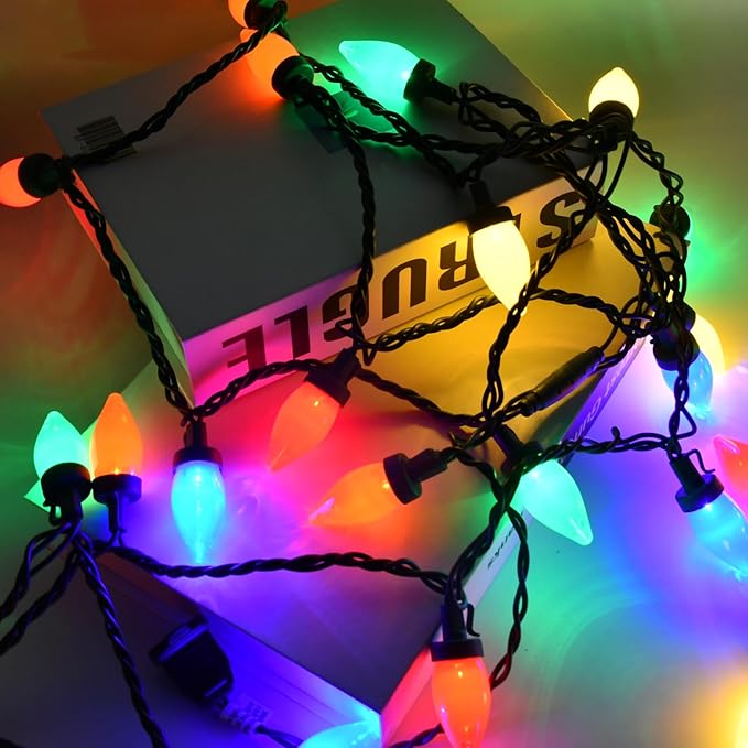 100LED C7 Christmas Lights Battery Operated Outdoor with 8 Mode Remote Control 2 Sets 27.5FT 50 Twinkle Big Christmas Lights for Colored Xmas Tree Home Garden Patio Decorations