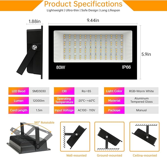 Remon LED Flood Light Outdoor 800W Equivalent 8000LM Smart RGB Landscape Lighting with APP Control DIY Scenes - Timing - Warm White 2700K - Color Changing Uplight IP66 Waterproof 43 Modes (2 Pack)
