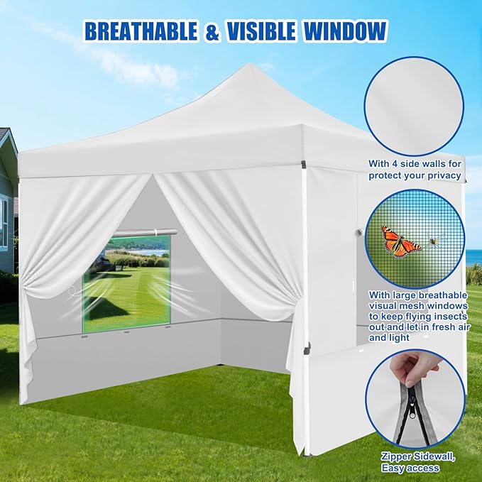 Yesker 10x10 Pop Up Canopy Tent with 4 Sidewalls Portable Folding Outdoor Canopy Easy Setup Gazebo Waterproof Instant Popup Shelter Tent w Wheel Carry Bag sandbags for Events Parties Camping White