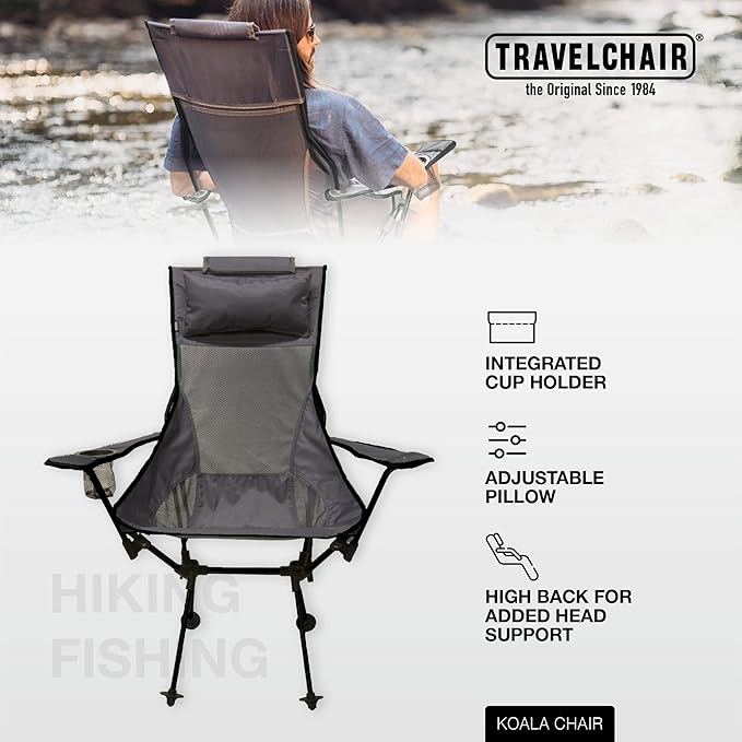 TravelChair Koala Chair- Lightweight Portable High Back Vented Mesh Seat Easily Assembled for Comfort on The Go (Black)