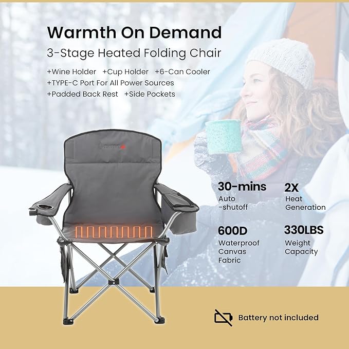 ARROWHEAD OUTDOOR Portable Heated Folding Camping Chair w/ 6-Can Cooler 3 Heat Settings Cup &amp Wine Glass Holder Heavy-Duty Carrying Bag Padded Armrests Battery NOT Included Supports up to 33