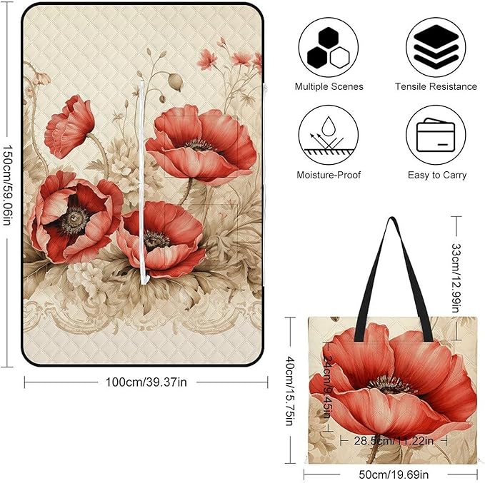 Zipper Poppies and Lace Style Picnic Mat Suitable for Travel Camping Park Or Home Use