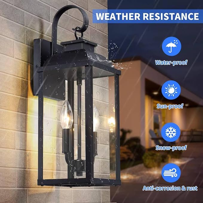 18.7'' Large Outdoor Wall Sconce 2-Light Black Exterior Front Porch Light Fixture Modern Outdoor Porch Lamp with Tempered Glass Waterproof Outside Wall Lantern for Patio