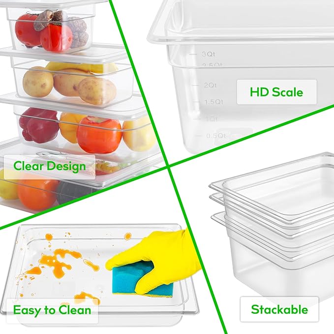6 Pack 1/3 Size 4'' Deep Clear Food Pans with Lids Commercial Food Pans Polycarbonate Transparent Food Storage Containers Stackable Plastic Pan with Capacity Scale Restaurant Supplies Hotel Pan