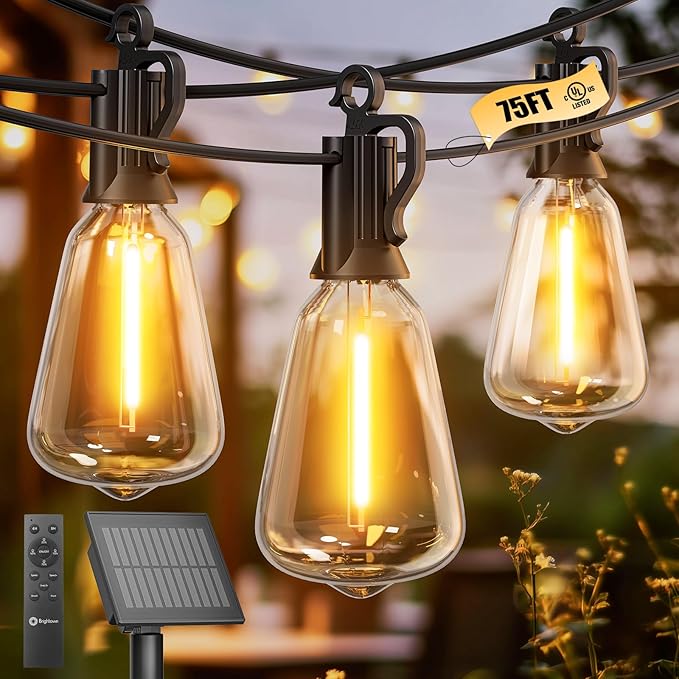 Brightown Solar String Lights Outdoor Waterproof 75FT with 35 Shatterproof ST38 LED Bulbs 2700K Solar Lights Outdoor with Remote Solar String Lights for Outside Camping Yard Party Decor