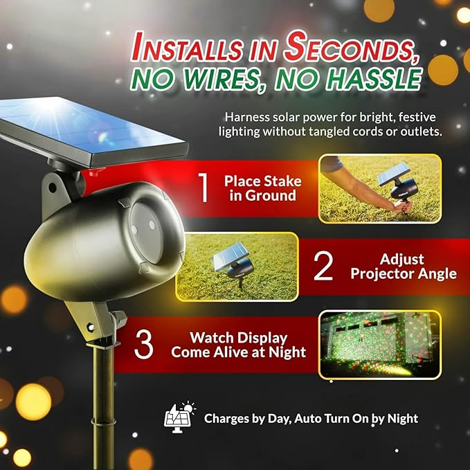 STARTASTIC Solar Christmas Light Show Projector - Laser Outdoor Christmas Projector Lights Covers 600 Sq Ft Wireless with Remote Control Waterproof 5 Modes for House Yard Holiday Party
