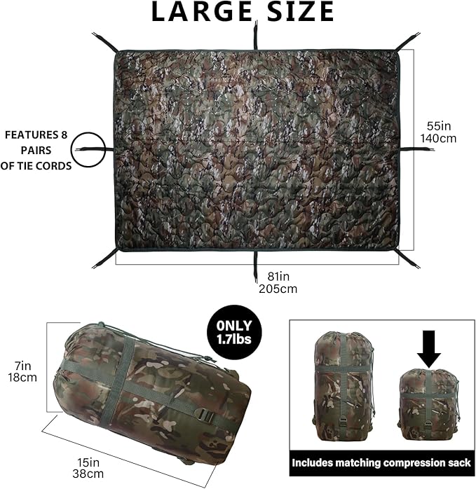 Camo Poncho Liner Army Blanket Military Sleeping Bag with A Compression Carrying Bag for Traveling Hiking Camping Outdoor Survival Car Blanket