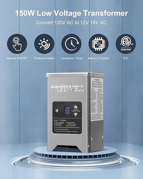 150W Low Voltage Landscape Transformer Outdoor Landscape Lighting Transformer with Photocell Sensor &amp Timer 120V AC to 12V/15V AC Stainless Steel Weatherproof Transformer ETL Listed