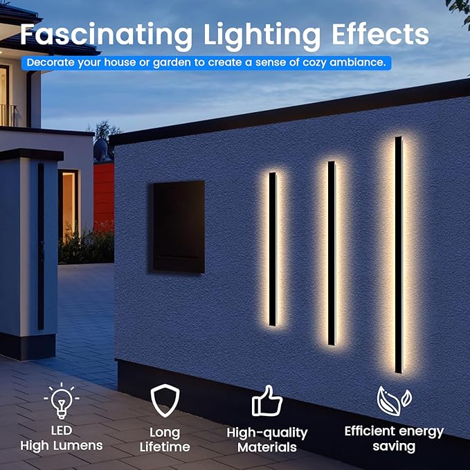 Modern Outdoor Wall Lights - 2pack 70.8inch Black Exterior Light Fixtures Wall Porch Lights Outdoor Wall Sconce Patio Long Strip Wall Light Fixtur Outside for Garage House