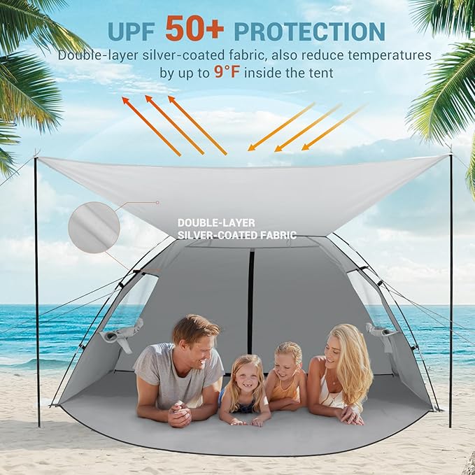 Elegear CumbreX™ Beach Tent Sun Shelter with Canopy 4-5 Person Pop Up Beach Tent Easy Setup UPF 50+ UV Protection Portable Lightweight Double Silver Coating Cabana Sun Shade Shelter - Silver