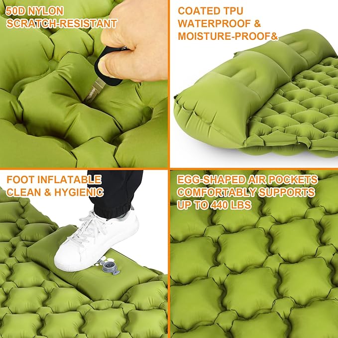 Double Sleeping Pad Ultralight 4 Extra-Thick Self Inflating Sleeping Mat for 2 Person with Pillow Built-in Foot Pump Portable Camping Mat for Backpacking Hiking Traveling Tent Camping