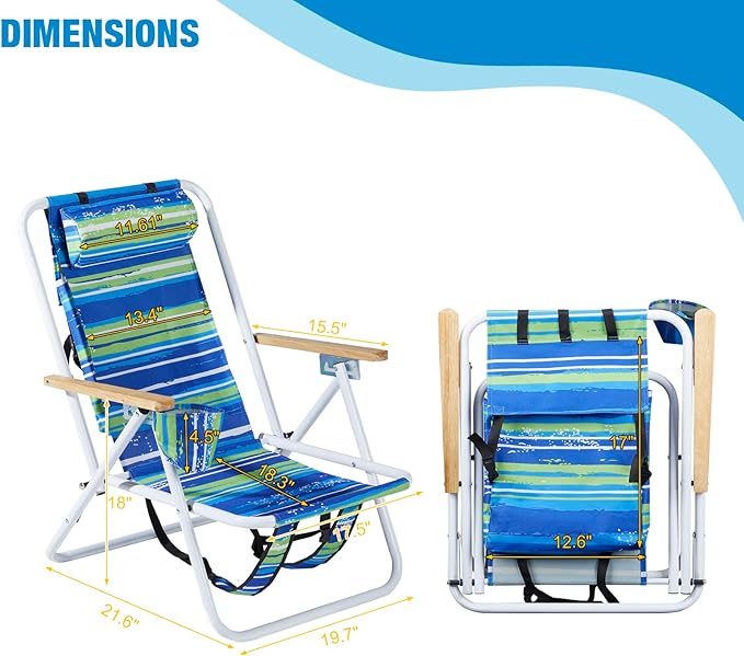 Folding Beach Chair Adjustable Headrest w/Tilt Angle Cup Holder Portable High Strength Cleanable Fabric for Sand Camping Lawn Concert Travel Festival (Blue Stripe 1)