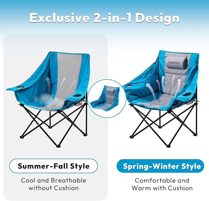 Swonder Oversized Moon Camping Chair with Innovative 2-in-1 Removable Seat Cushion for All Seasons Heavy-Duty Fully Padded Folding Outdoor Chair with Headrest and Carry Bag