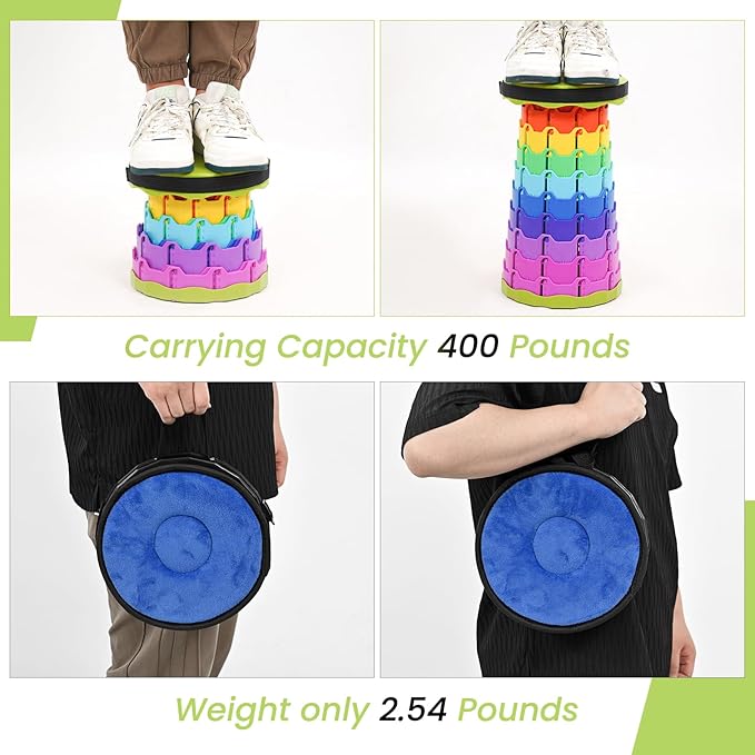 2 Pack Upgraded Collapsible Stool Folding Stool with CushionRetractable Folding Stool Max Load Capacity 400lbs Portable Telescoping Stools for Camping Hiking Outdoor BBQ -Rainbow-Green