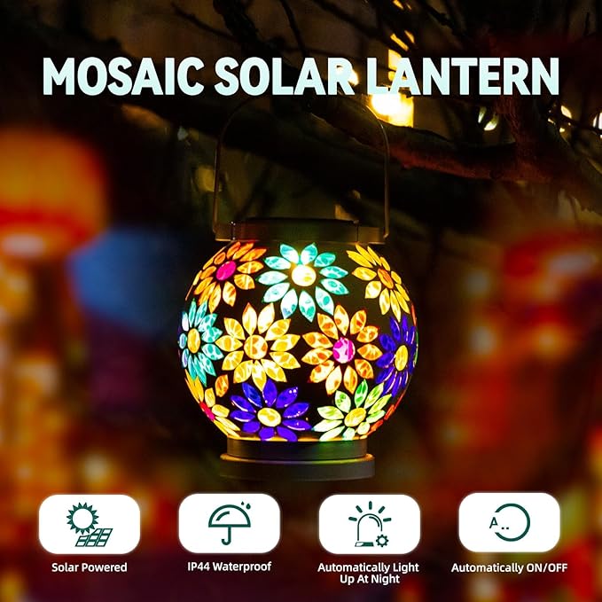 VOREEN Mosaic Solar Lanterns Handmade Outdoor Glass Hanging Lights Waterproof Solar Table Lamps Gift for Mom Wife Friend Decoration for Garden Patio Yard Party Balcony Floral Pattern