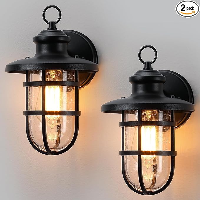 2 Pack Outdoor Wall Mount Outside Wall Sconce Lighting Fixture with Seeded Glass Sand Black Waterproof Exterior Light for Porch DoorwayHallway Garage YardPatio