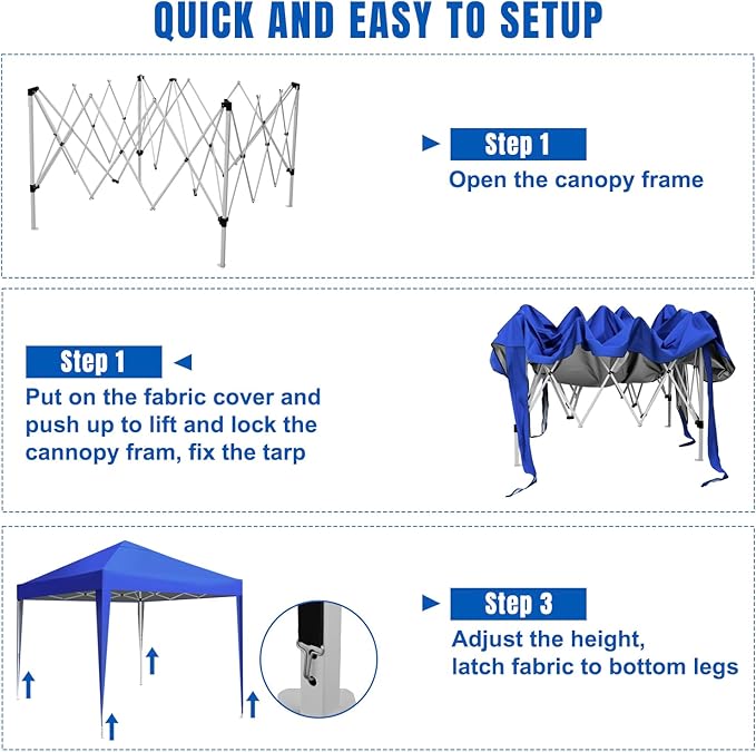 Yesker 10x10 Pop Up Canopy Tent UPF 50+ Waterproof Outdoor Canopy Portable Folding Easy Setup Gazebo Adjustable Height Instant Sun Shade Tent with Wheeled Bag for Events Parties Camping Patio Blue