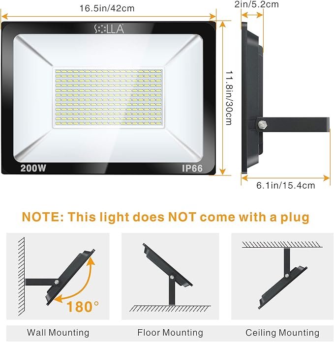 200W LED Flood Light Outdoor 20000lm Super Bright Security Light 1060W Equivalent 3000K Warm White IP66 Waterproof Outside Floodlights LED Arena Light for Garage Garden Yard