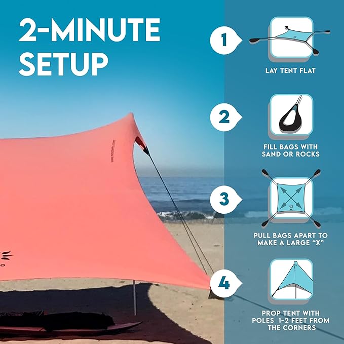 Neso Gigante Portable Beach Tent Sun Shelter - Lightweight Beach Shade Canopy - Easy Setup for Family Outings - Patented Reinforced Corners - UPF 50+ Sun Protection - 8ft Tall 11 x 11ft - Coral