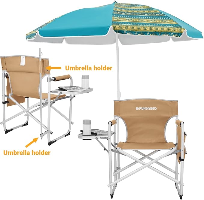 FUNDANGO Aluminium Camping Director Chair with Armrest Portable Lightweight Folding Outdoor Camping Chair with Side Table &amp Umbrella Holder Full Back Lawn Chair for Camping Fishing Picnic Stadiu