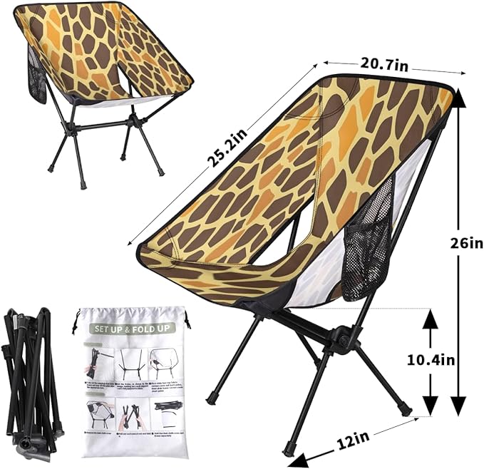 Animal Giraffe Print Camping Chair Lightweight Portable Chairs for Adults Easy Installation Outdoor Foldable Camping Chair for Camping Fishing Hiking Picnic Beach