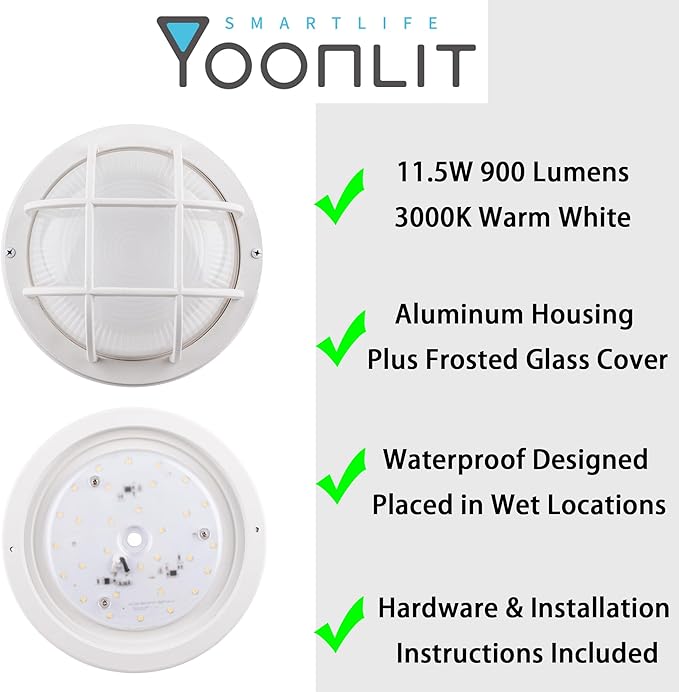 YoonLIT 8.0 Inch Outdoor Round LED Bulkhead Light Fixture Wall or Ceiling Flush Mount Waterproof for Porch Basement Hallway Balcony 11.5W 900 Lumens 3000K White Finish 1-Pack