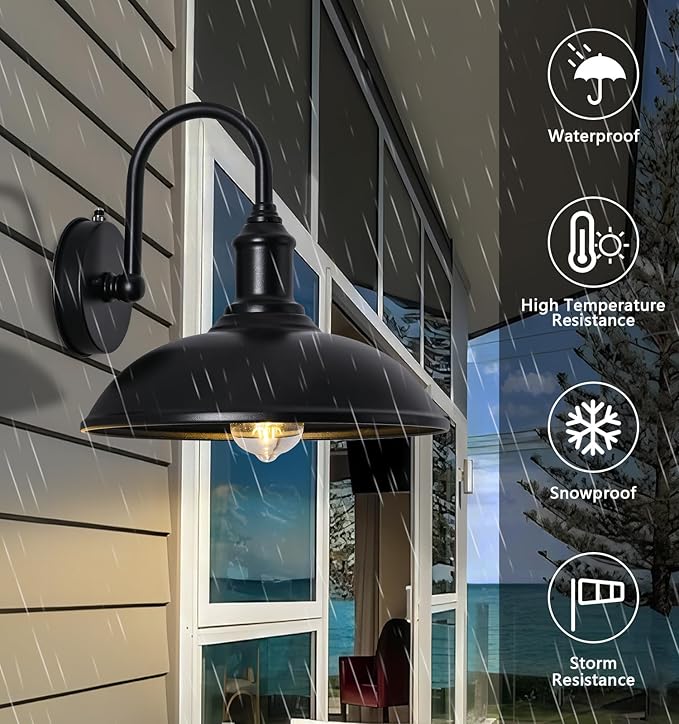 12.6 Large Outdoor Gooseneck Barn Light Fixture Porch Light with Dusk to Dawn Black Classic Retro Style Exterior Light is Suitable for Garage Patio Porch.