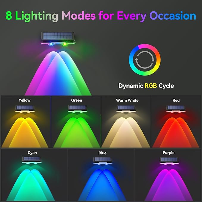 TECKNET Solar Fence Lights Outdoor 8 Pack Warm White &amp 6 Colors &amp RGB IP66 Waterproof LED Deck Light Dusk to Dawn Fence Lights Solar for Wall Railing Step Patio Pool Backyard Outside