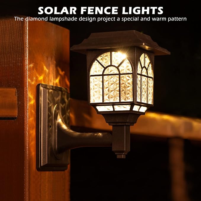 LeiDrail Solar Fence Lights 4 Pack Solar Lights Outdoor Waterproof Lantern Warm White LED Wall Deck Post Landscape Lighting for Garden Yard Patio Front Door
