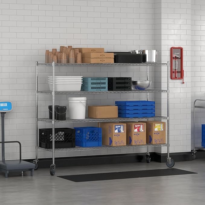 Commercial NSF Listed Chrome Mobile Wire Shelving Kit 24 x 72 x 60 with 4 Shelves Perfect for Warehouse Walk-in Refrigerator Freezer Grocery Store Restaurant Dishroom