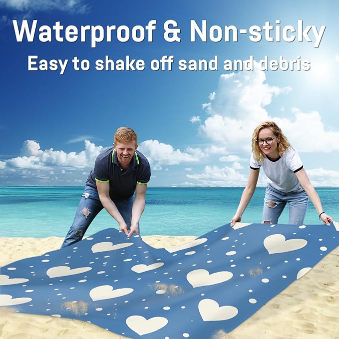 Waterproof Sandproof Beach Blanket 59''×68'' White Polka Dot Heart Polyester Outdoor Picnic Blanket with 4 Stakes &amp Storage Bag for BeachCampingVacation