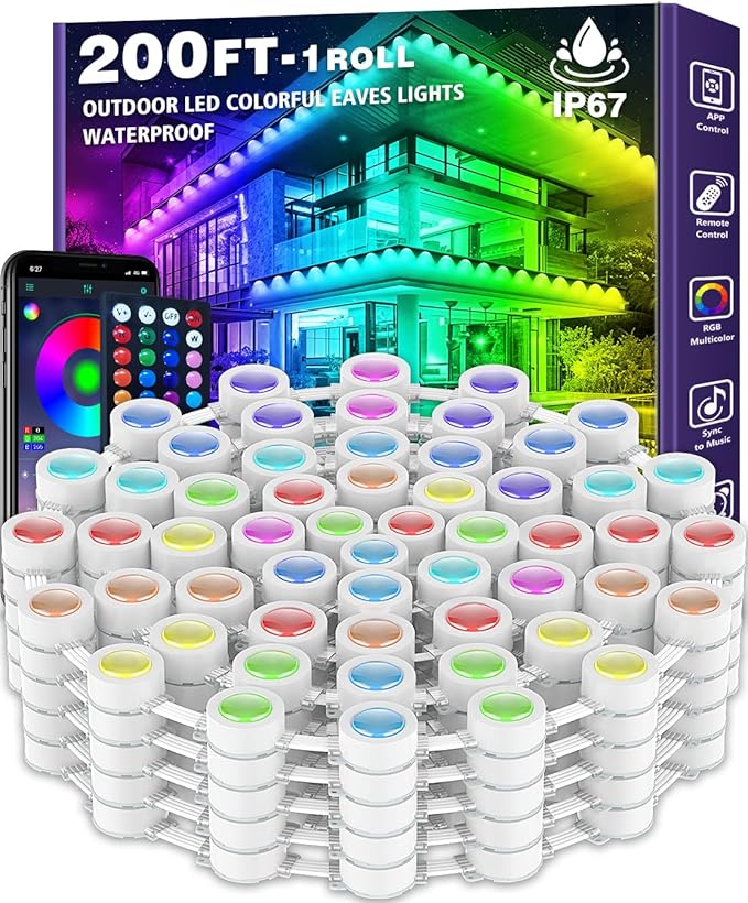 SINLEY 200FT Permanent Outdoor RGB LightsWaterproof Smart LED Eaves Lights with App/Remote Controlfor Christmas and All Holiday DecorDaily and Accent LightingHouse Roof and Garden Lighting