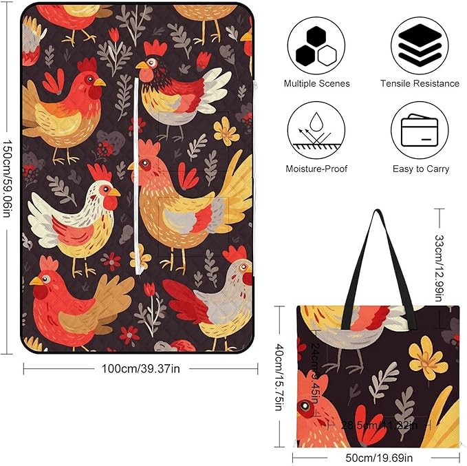Zipper Cute Rooster Chickens Style Picnic Mat Suitable for Travel Camping Park Or Home Use