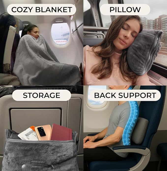 FlyHugz Grey Travel Blanket &amp Pillow Set (59.1x47.2) with Carry Case Luggage Sleeve &amp Clip – Portable Lightweight Breathable &amp Washable – Perfect for Plane Car Camping &amp Travel