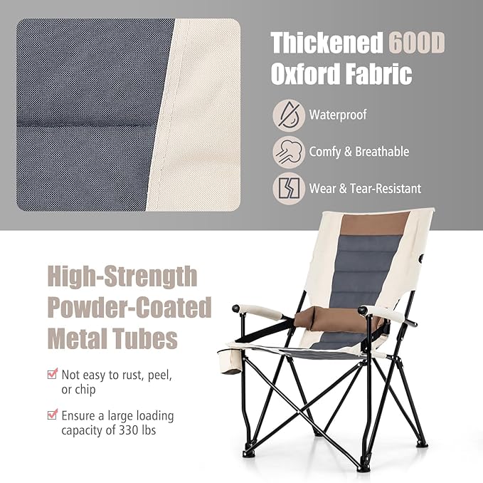 HAPPYGRILL Folding Camping Chair with Carrying Bag Portable Lawn Chair with Cup Holder 330 LBS Outdoor Chair for Outside Fishing Travel Swimming Picnic