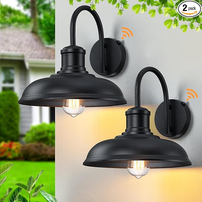 12'' Diameter Large Dusk to Dawn Outdoor Gooseneck Barn Light 2-Pack Outdoor Wall Sconce Farmhouse Exterior Light Wall Lighting Fixture Industrial Black Wall Lantern for Porch Garage Black