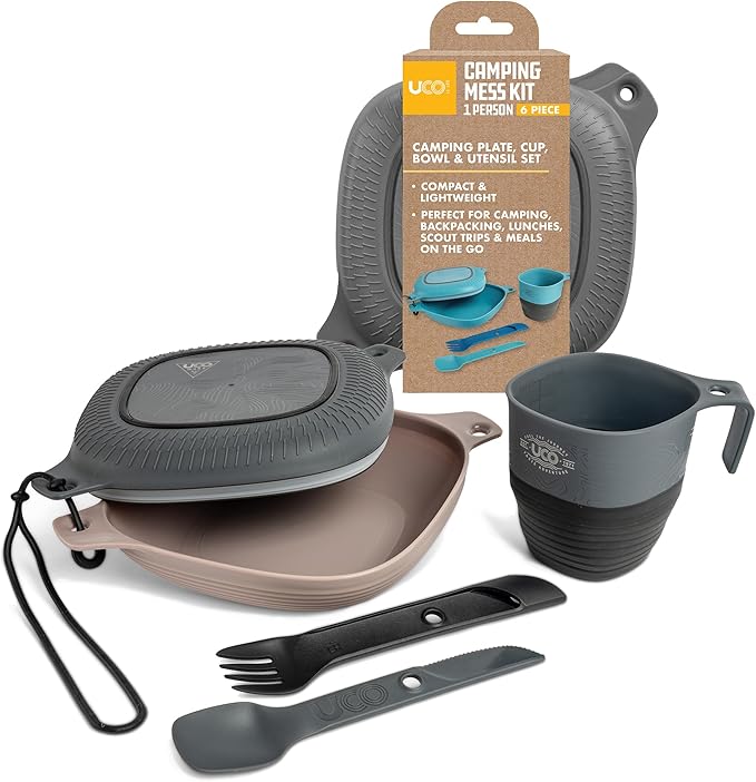 UCO 6-Piece Camping Mess Kit with Bowl Plate Collapsible Cup and Switch Camping Spork