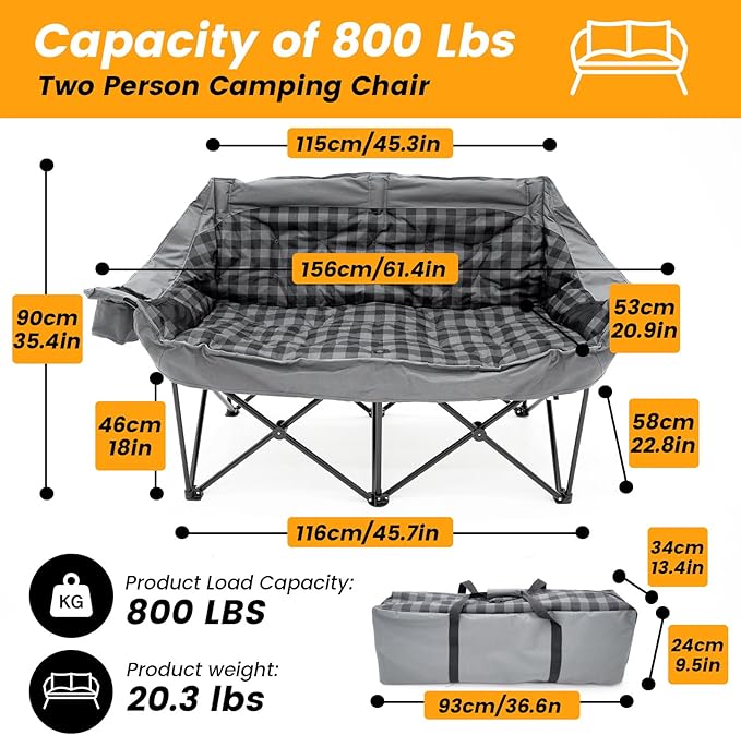 Heated Double Camping Chair with 2 Battery Padded Camping Couch with 3 Heat Levels and 4 Heating Zones Oversized Camp Loveseat Support 800lbs for Soccer Games Tailgating RV Travel Beach Days