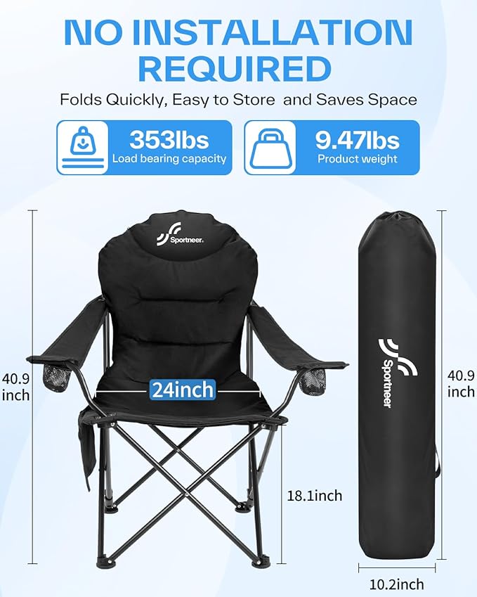 Sportneer Folding Camping Chair: 24'' Extra Wide 3 Adjustable Angle Collapsible Chairs with Cup Holder &amp Carry Bag - Oversized Heavy Duty Padded Outdoor Chair for Camping Yard Fishing Support 353