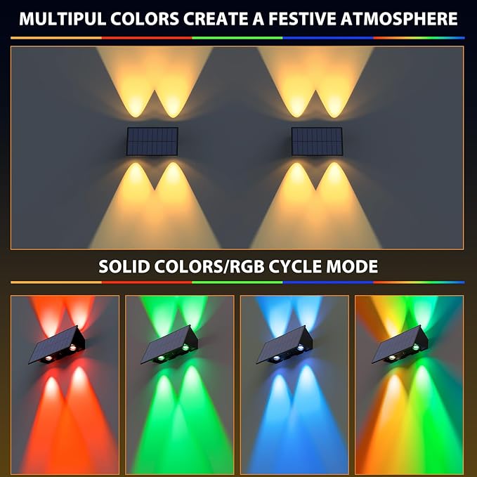 Solar Fence Lights6 Pack Solar Lights Outdoor Warm White+RGB Up &amp Down Waterproof 100 Lumens Dusk to Dawn for Wall/Backyard/Pool/Railing/Patio/Porch/Step