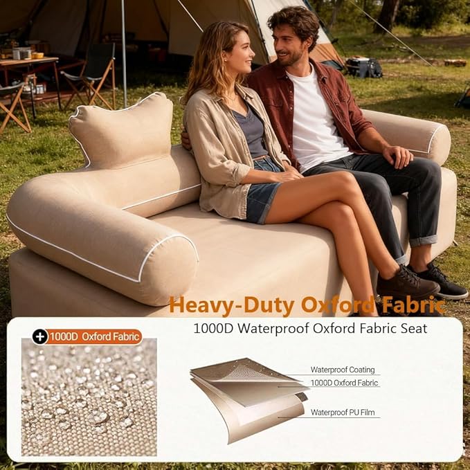 Portable Double Air Couch - Heavy Duty Outdoor Air Beach Couch Inflatable Lounger for Camping Picnics and Beach Games Camping Essentials for Aduilts 880 lbs (Double Inflatable Couch Khaki) | Outdoor