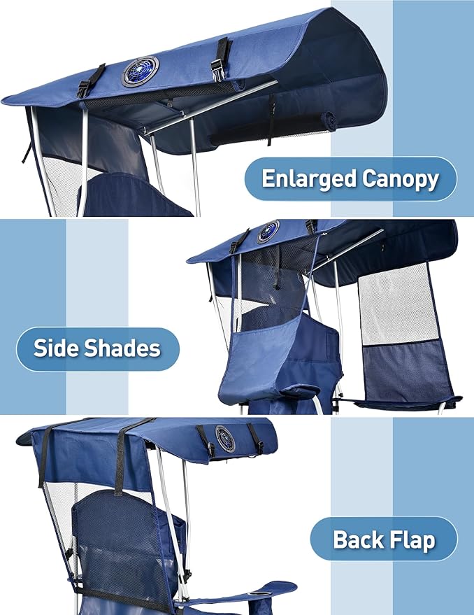 Beach Chair with Canopy Shade and Fan – 360° Rotatable &amp 3-Speed Airflow Camping Chair with Canopy and Powerful &amp Quiet Fan Cup Holder Side Pocket – Supports 330 LBS