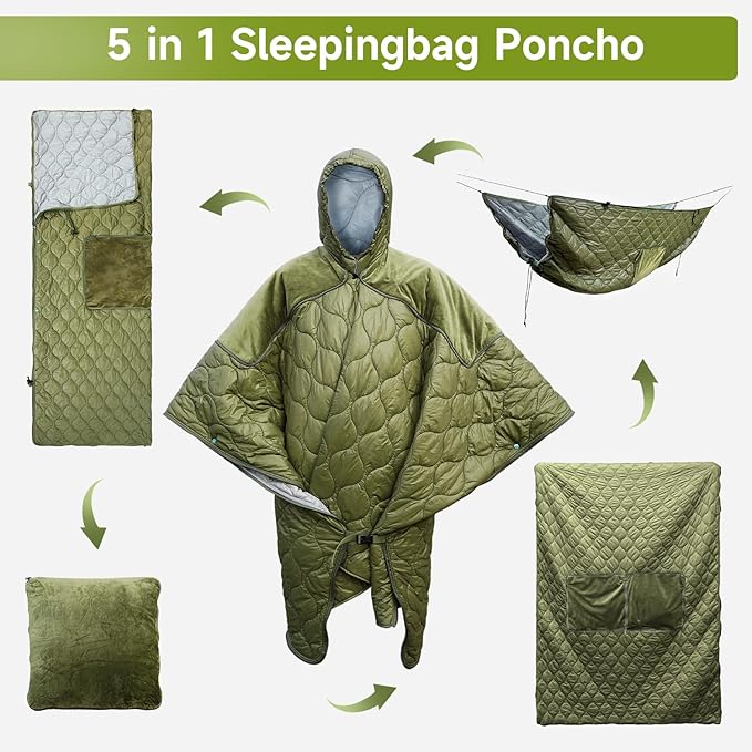 Sleeping Bag with Inflatable Sleeping Pad Wearable Blanket Insulated Poncho Hooded Sleepingbag Quilt for Winter Camping Hiking Sports