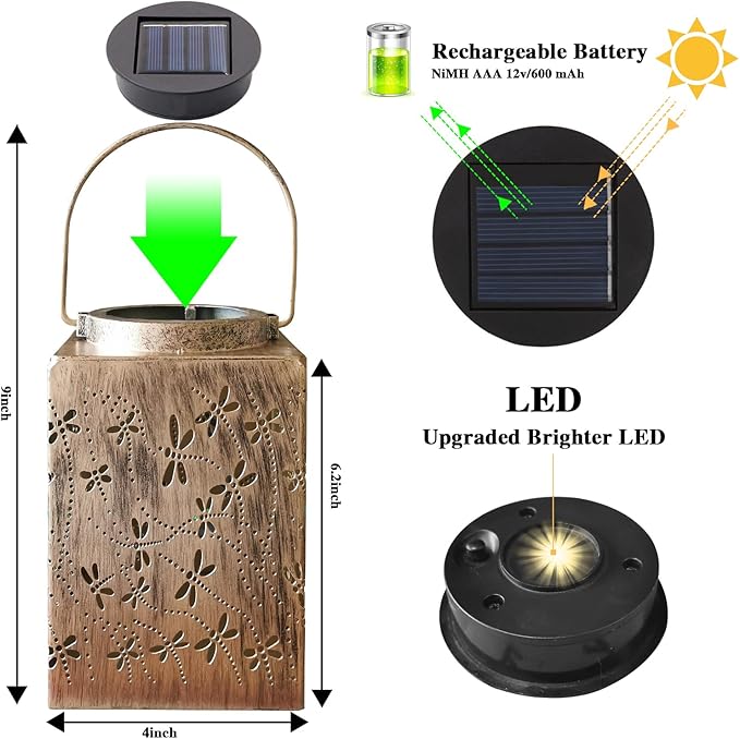 2 Pack Solar Lanterns - Waterproof Metal Hanging Solar Lights Outdoor Decorative Solar Powered LED Lamp for Patio Tabletop Porch Deck Yard Garden Decor for Outside (Dragonfly)