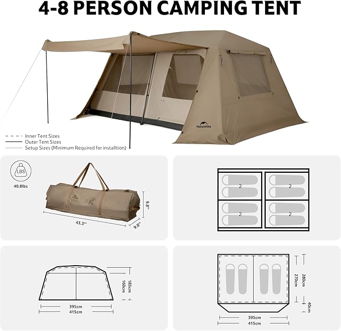 Naturehike Village Lite Camping Tent 60S Easy Setup Instant Tents for Camping Double Layer 4/8 Person Tent with with Full Rainfly