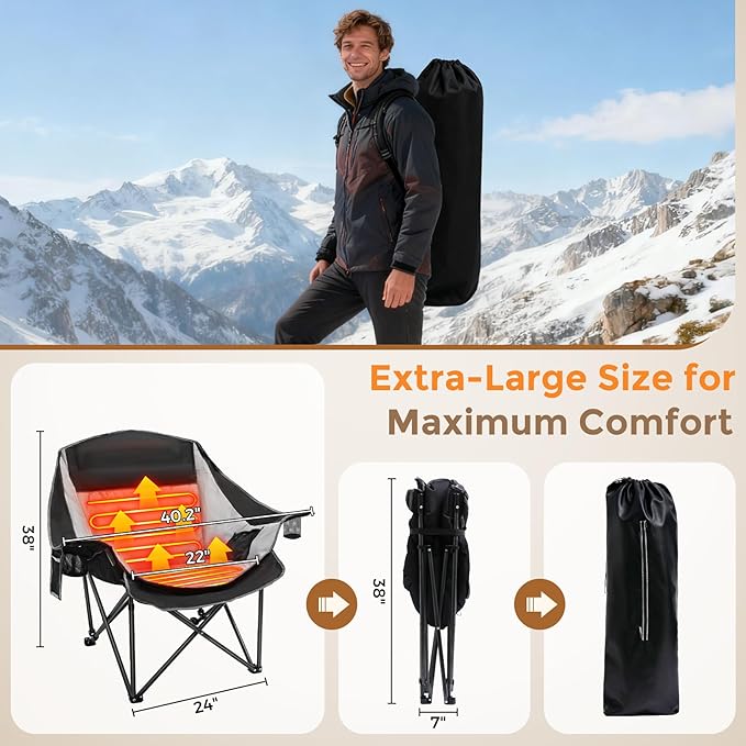 Suteck Heated Camping Chair with 20000mAh Battery Oversized Heated Chairs W/3 Heat Levels &amp 2 Heating Zones Portable Heated Folding Chair Use for Outdoor Sports Camping Lawn