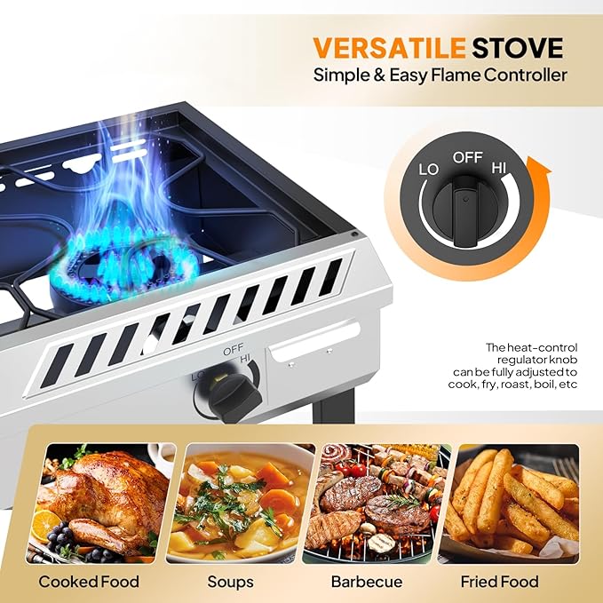 Bonnlo 3 Burner Propane Stove with Inginition 225000BTU Gas Stove with Storage Shelf and Portable Rolling Wheels Gas Burner for Outdoor Camping Patio Backyard Cooking Boiling Frying Stewing