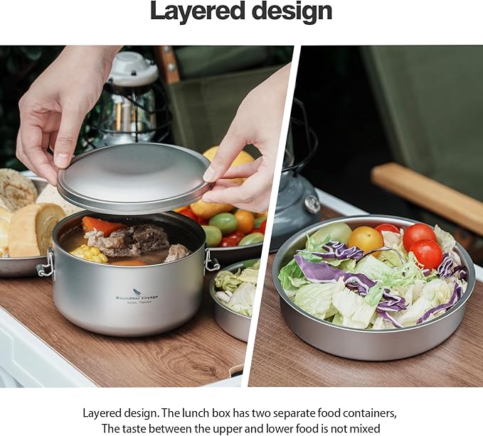 Boundless Voyage Outdoor Titanium Lunch Box Uncoated Bowls with Lid Separated Multi-layer Office Worker Bento Box Ti1095T