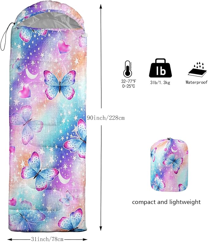 QOOMO Colorful Butterfly Printed Camping Sleeping Bags3 Season Warm &amp Cool WeatherLightweightWaterproof Sleeping Bags for Adults &amp KidsTravelingand OutdoorsCamping Gear Equipment31x90in