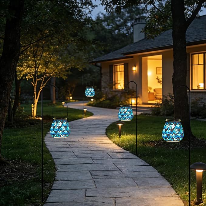 Stargarden 4 Pack Mosaic Solar Lanterns Blue Glass Hanging Lantern Waterproof Outdoor Hanging Solar Lights Table Lamp for Garden PatioYard Decor